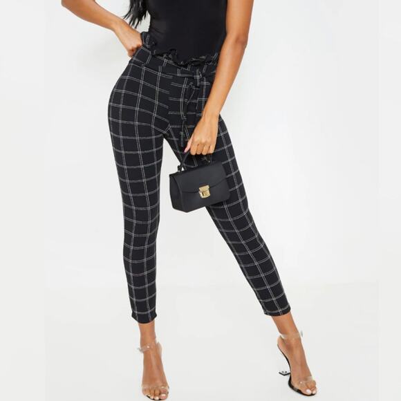 PrettyLittleThing Tweed Check Paperbag Pants Plaid Size 4 Formal Chic - Picture 1 of 9
